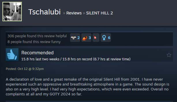 Silent Hill 2 Remake, As Told By Steam Reviews 4 Image for article titled Silent Hill 2 Remake, As Told By Steam Reviews